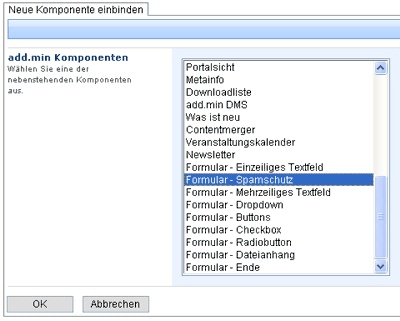  Komponente Formular-Spamschutz auswhlen - CMS add.min ASP.Net  Enterprise Content Management System