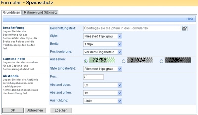  Einstellungen Komponente Formular-Spamschutz - CMS add.min ASP.Net  Enterprise Content Management System