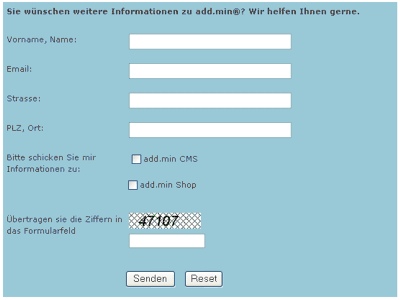  add.min Formular mit CAPTCHA-Feld - CMS add.min ASP.Net  Enterprise Content Management System