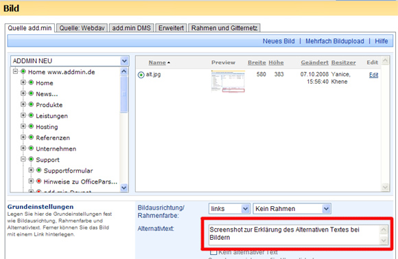  Screenshot zur Erklärung des Alternativen Textes bei Bildern - CMS add.min ASP.Net  Enterprise Content Management System