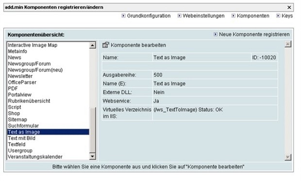  Komponente 'Text als Bild' registriert - CMS add.min ASP.Net  Enterprise Content Management System